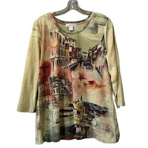 Christopher & Banks Women Size Large Blouse 3/4 Sleeve City Print Art Classic